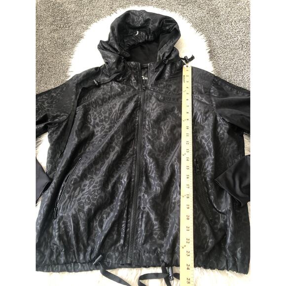 Zyia Active Women Windbreaker Hooded Black Animal Print Full Zip Jacket Large H1 - Picture 2 of 8